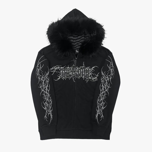 Gothic Tattoo Print Faux Fur Hooded Sweatshirt