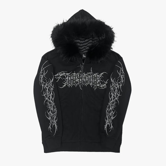 Gothic Tattoo Print Faux Fur Hooded Sweatshirt