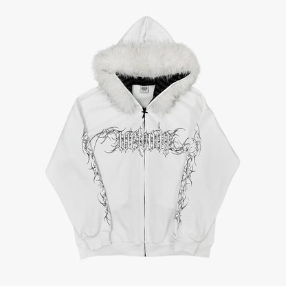 Gothic Tattoo Print Faux Fur Hooded Sweatshirt