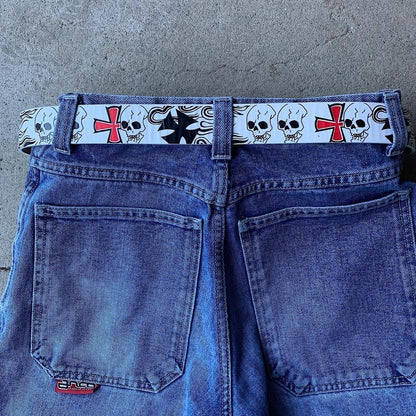Skull Flame Cross Print Belt
