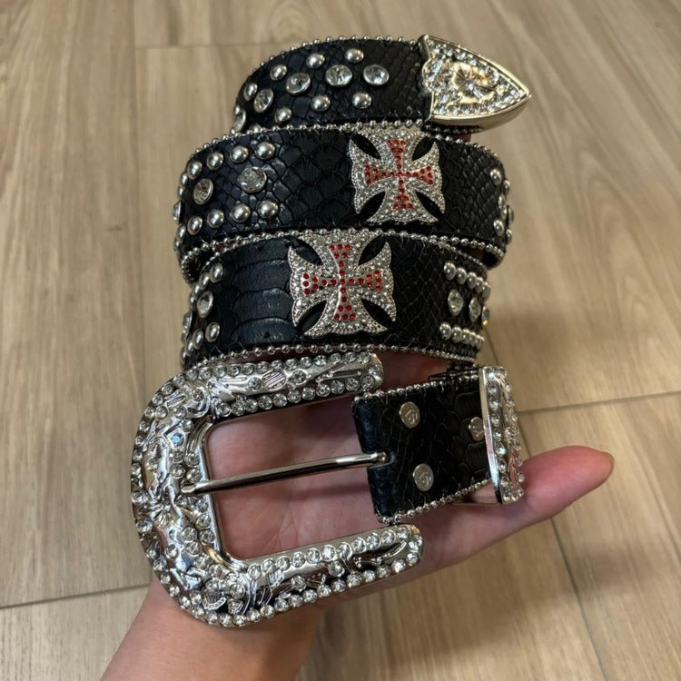 0466 - Rhinestone Red Cross Buckle Belt