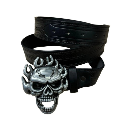 0470 - Flaming Skull Face Buckle Belt