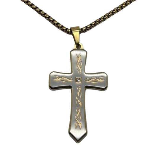 0594 - Flame Engraved Cross Necklace (Gold)