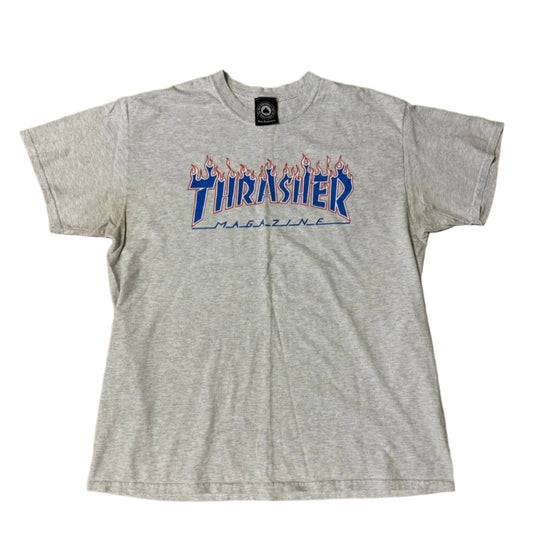 0514 - Thrasher Blue Logo Flames Grey Shirt