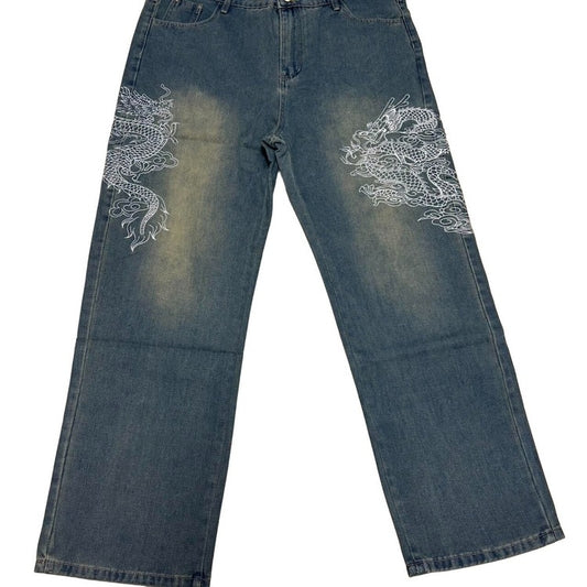 0410 - Baggy Embroidered Dragon Faded Jeans