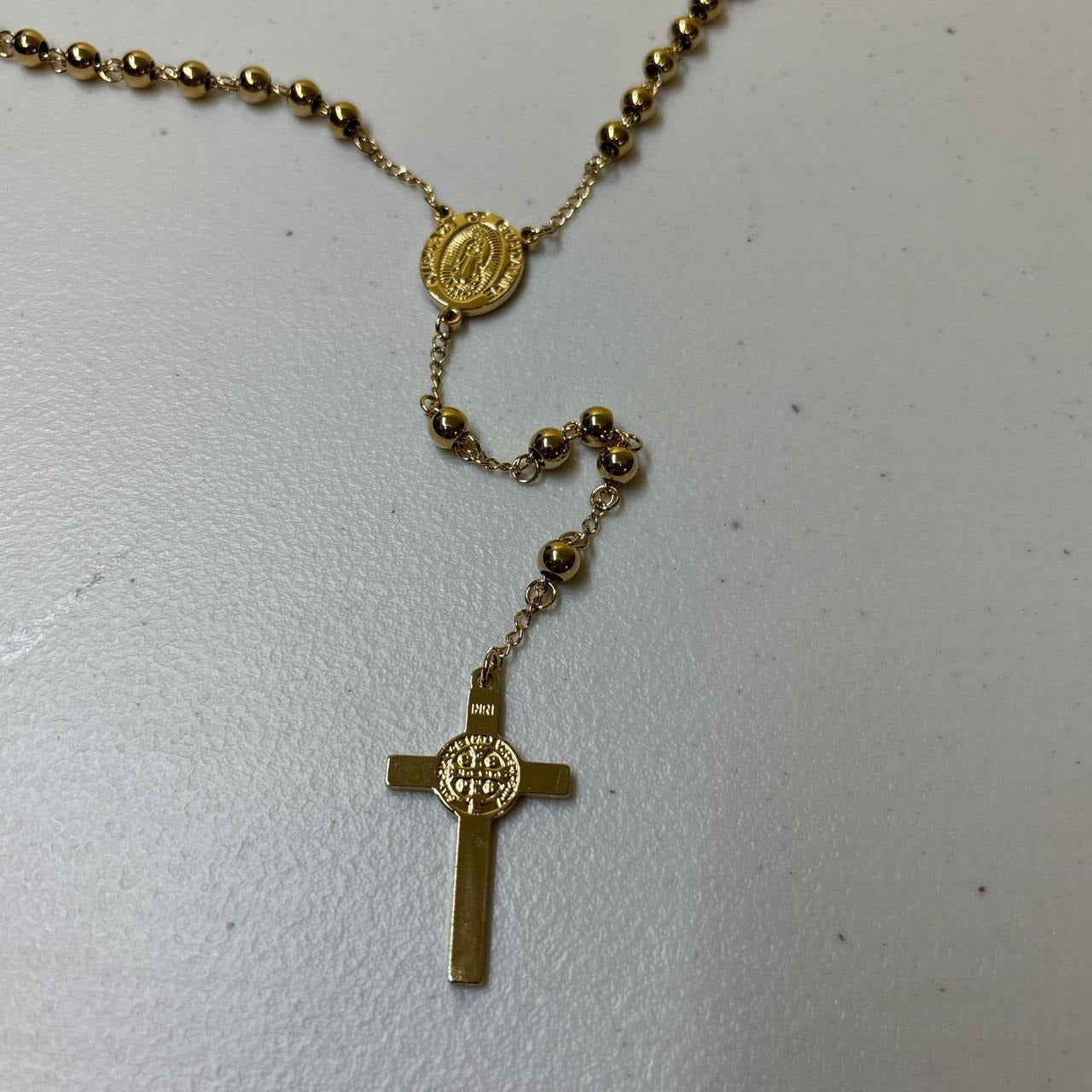 0598 - Gold Bead Rosary Cross Pendant