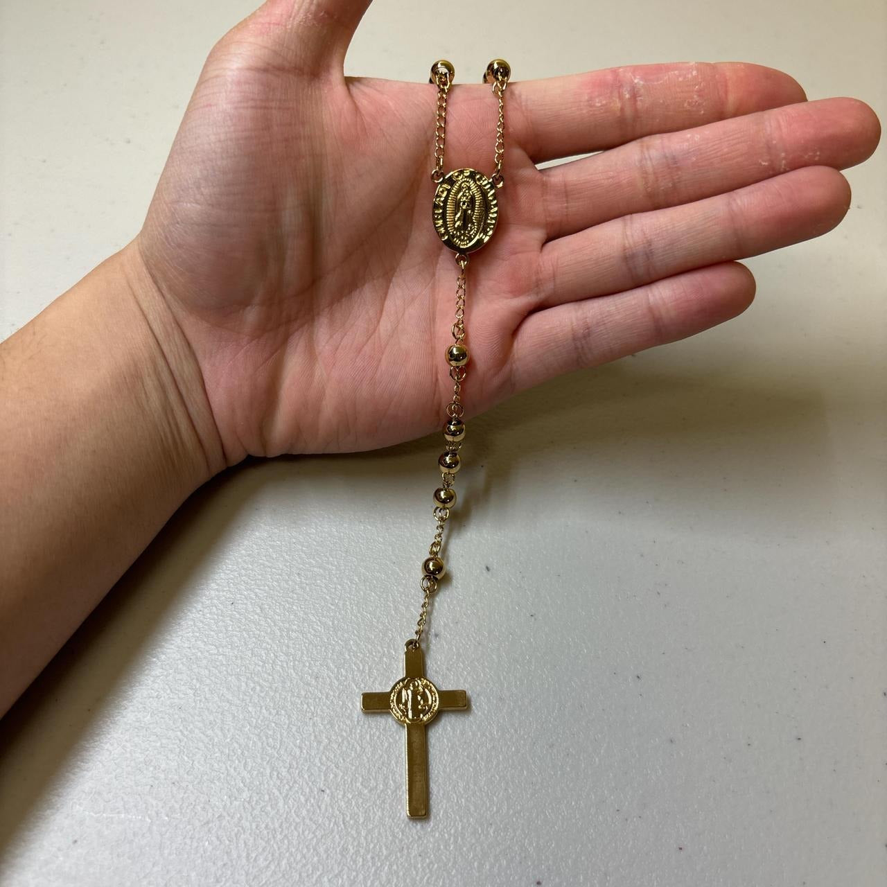 0598 - Gold Bead Rosary Cross Pendant